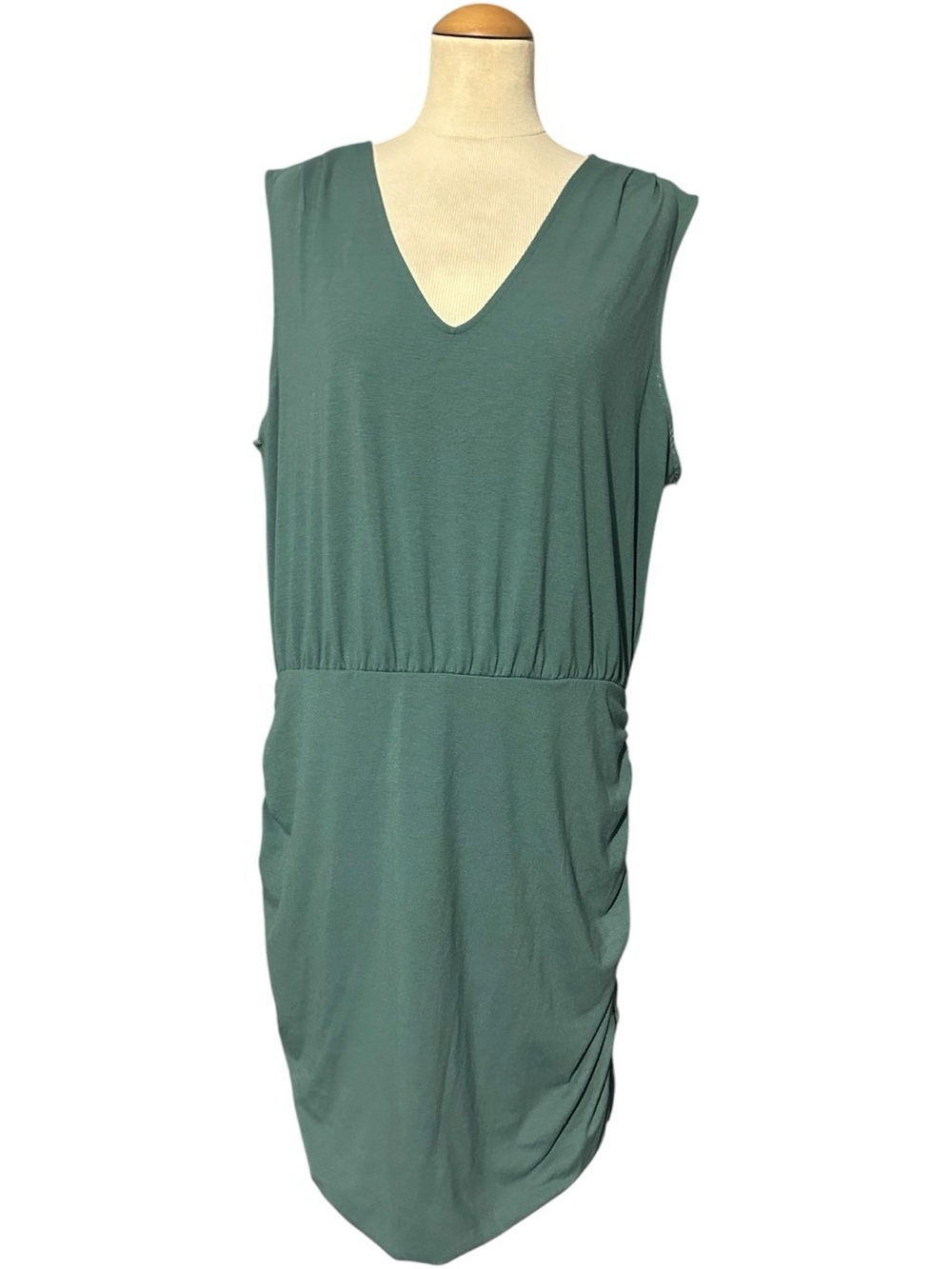 Nine West V-Neck Sleeveless Ruched Dress Green Size XXL
